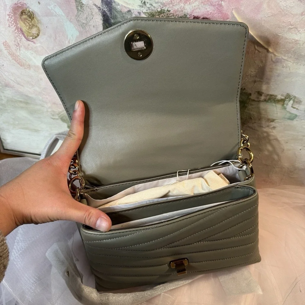 Tory Burch Kira Chevron Top-Handle‎ Satchel Crossbody Bag Leather Grey Quilted